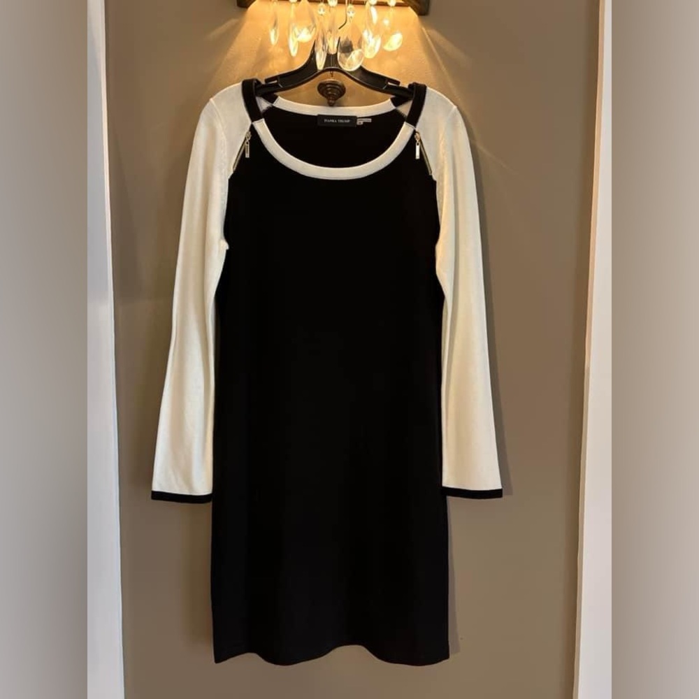 Ivanka Trump Sweater Dress With Zipper, Black & White, Size M